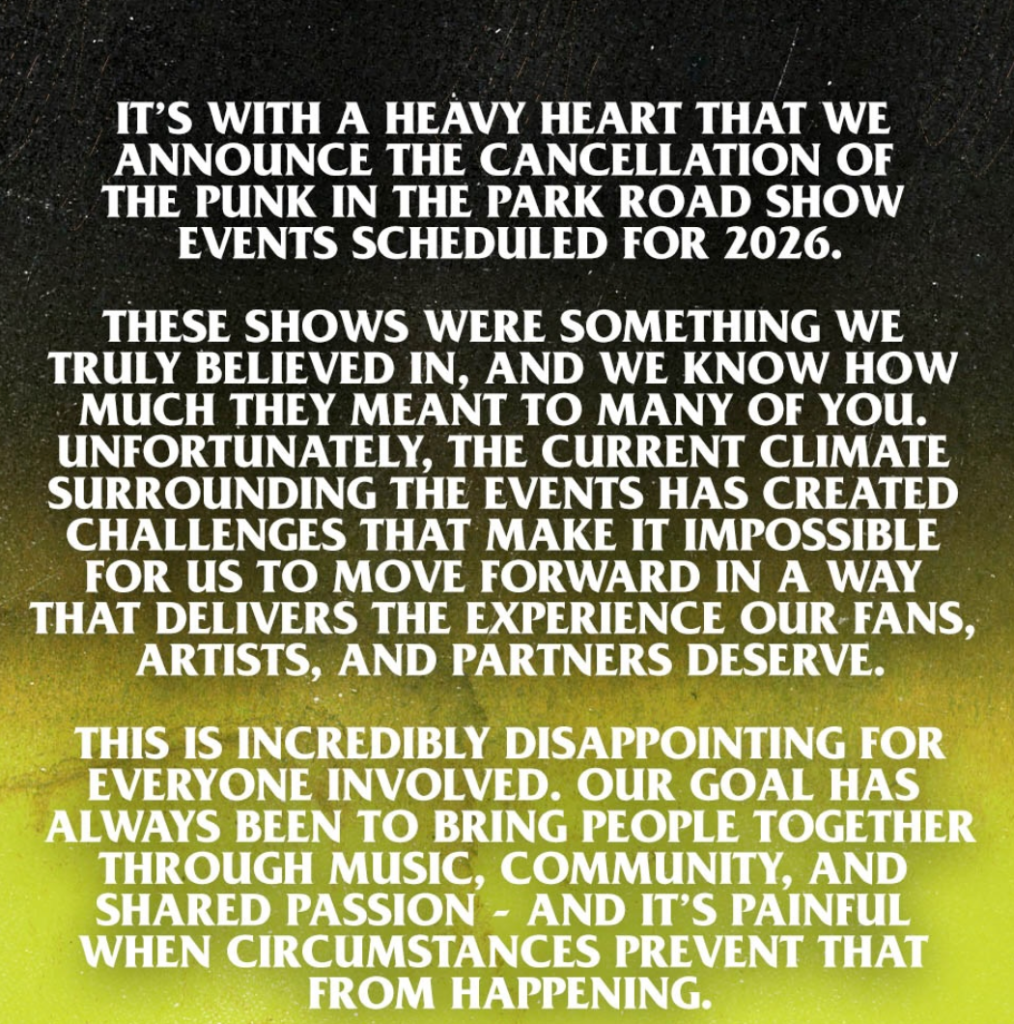 Punk in the Park 2026 cancellation announcement stating the roadshow events are canceled due to current climate challenges