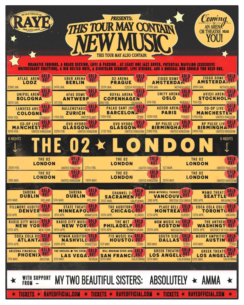 RAYE 2026 tour dates poster This Tour May Contain New Music sold out shows North America and Europe