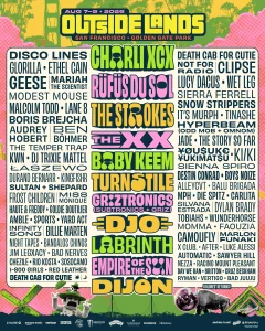 Outside Lands 2026 lineup poster featuring Charli XCX, RÜFÜS DU SOL, The Strokes, The xx and Baby Keem at Golden Gate Park