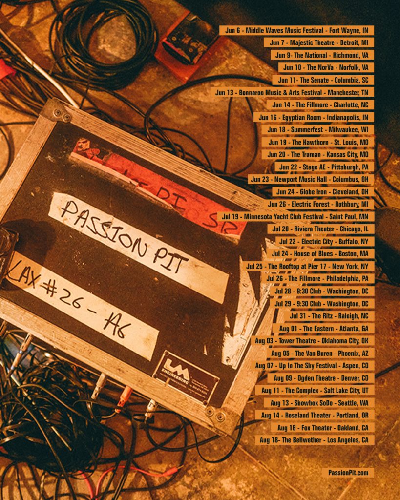Passion Pit 2026 tour dates poster with cities and venues