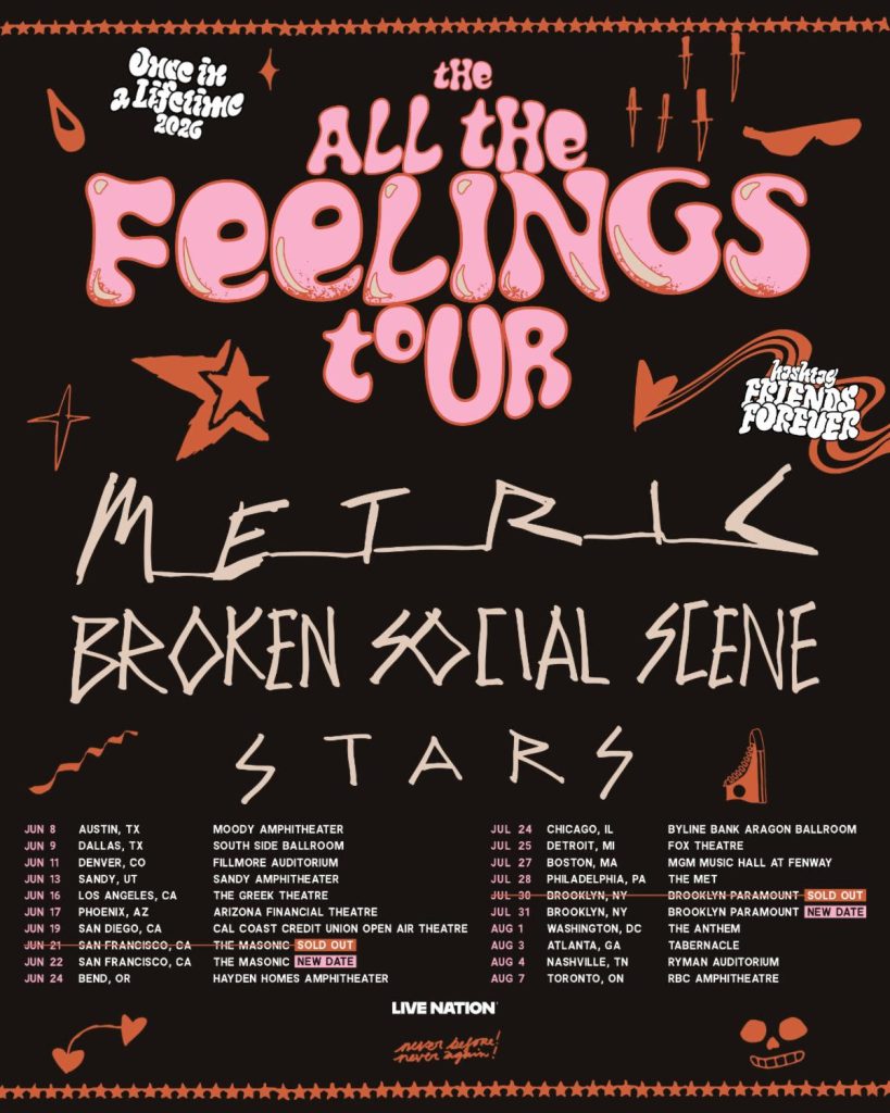 All The Feelings Tour poster featuring Metric, Broken Social Scene and Stars with 2026 North American tour dates