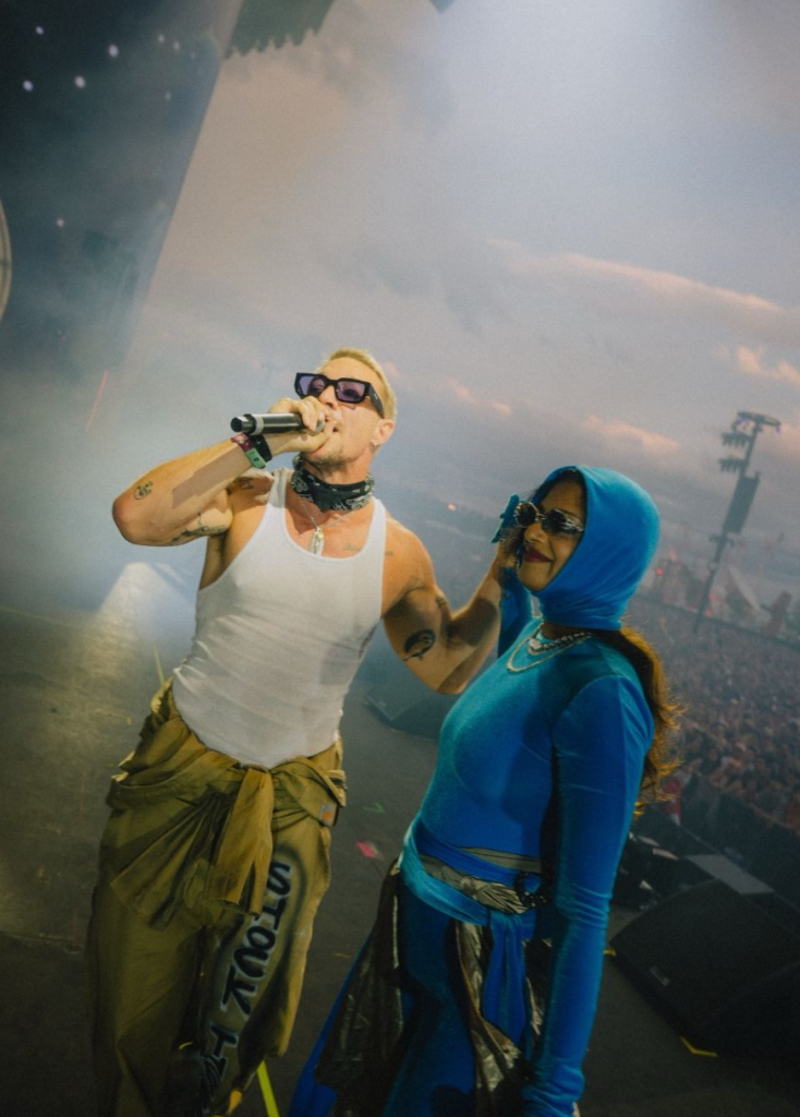 Diplo and M.I.A. performing “Paper Planes” at Coachella 2026 Major Lazer set