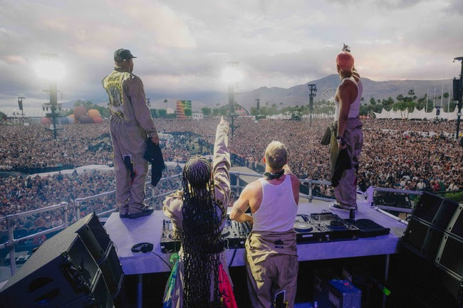 Major Lazer performing to massive crowd at Coachella 2026 main stage