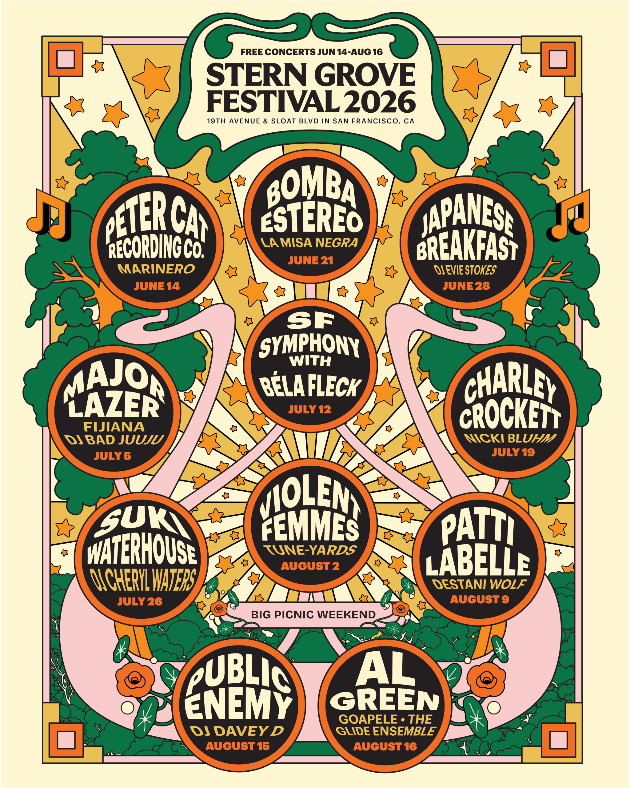 Stern Grove Festival 2026 lineup poster San Francisco free concerts schedule