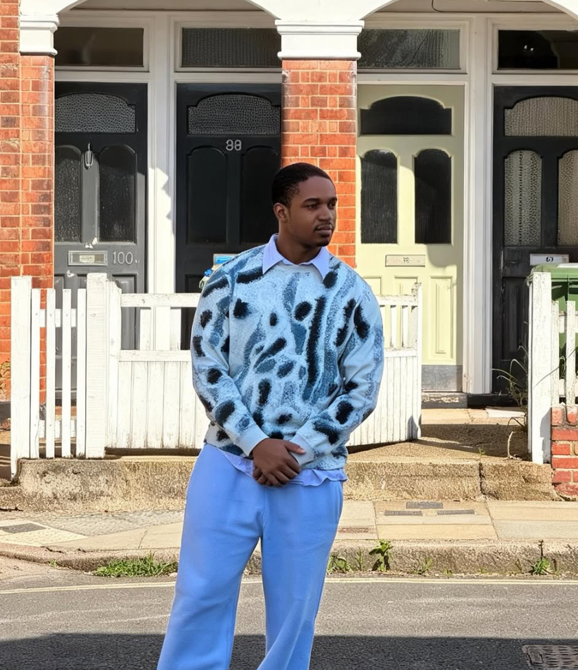 Issac Ryan Brown standing outside house in blue outfit pop R&B singer portrait
