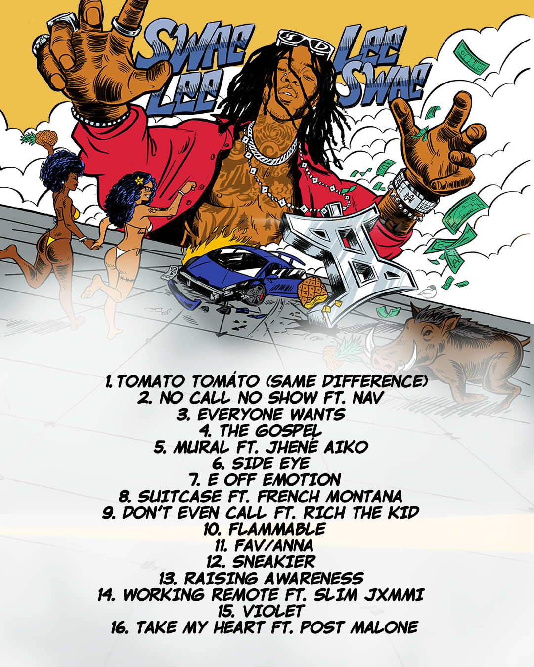Swae Lee Same Difference album tracklist graphic featuring Jhene Aiko, Post Malone and Nav