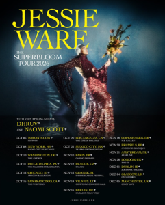 Jessie Ware Superbloom Tour 2026 poster with dates and cities including London O2 Arena