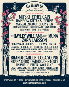 All Things Go Festival 2026 lineup poster featuring Mitski, Hayley Williams, Brandi Carlile and full artist bill