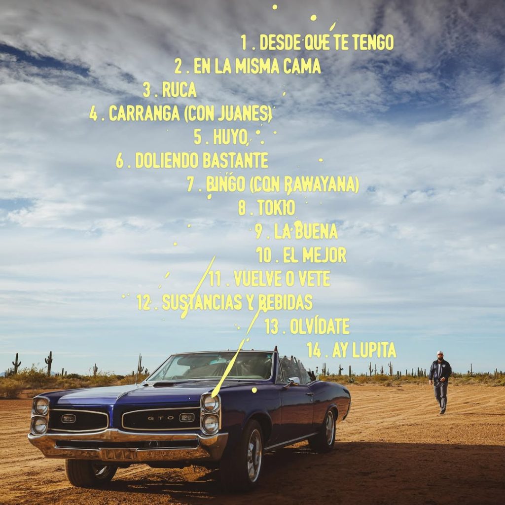 Carín León MUDA album tracklist over desert scene with classic car and open road