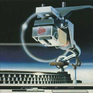 Artwork for The Strokes single “Falling Out of Love” featuring a futuristic turntable tonearm and stylized record player against a space-inspired backdrop.
