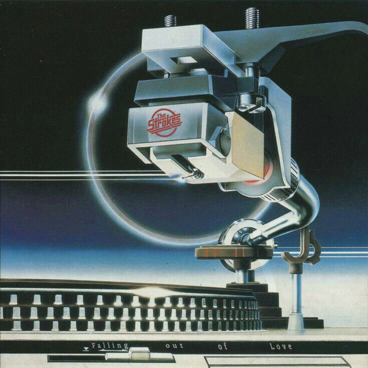 Artwork for The Strokes single “Falling Out of Love” featuring a futuristic turntable tonearm and stylized record player against a space-inspired backdrop.