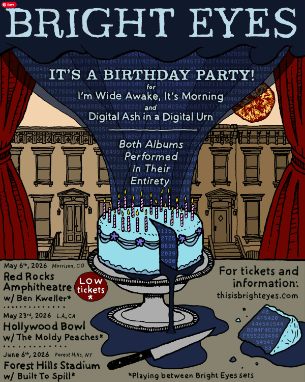 Bright Eyes 21st anniversary concert poster featuring I’m Wide Awake It’s Morning and Digital Ash albums performed in full