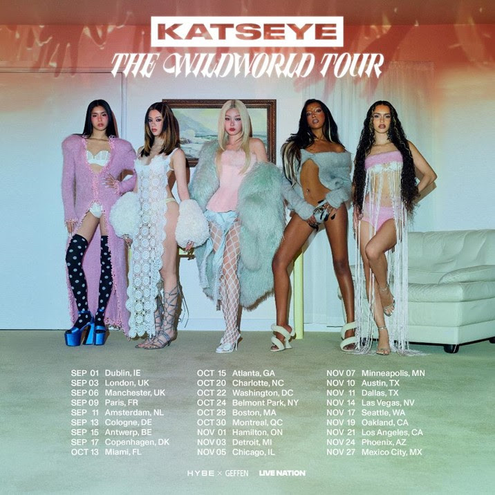 Members of KATSEYE pose in coordinated fashion looks for promotional artwork announcing the 2026 WILDWORLD Tour across Europe and North America.