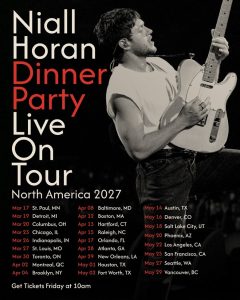 Niall Horan performing guitar live on stage in promotional poster for Dinner Party Live On Tour North America 2027