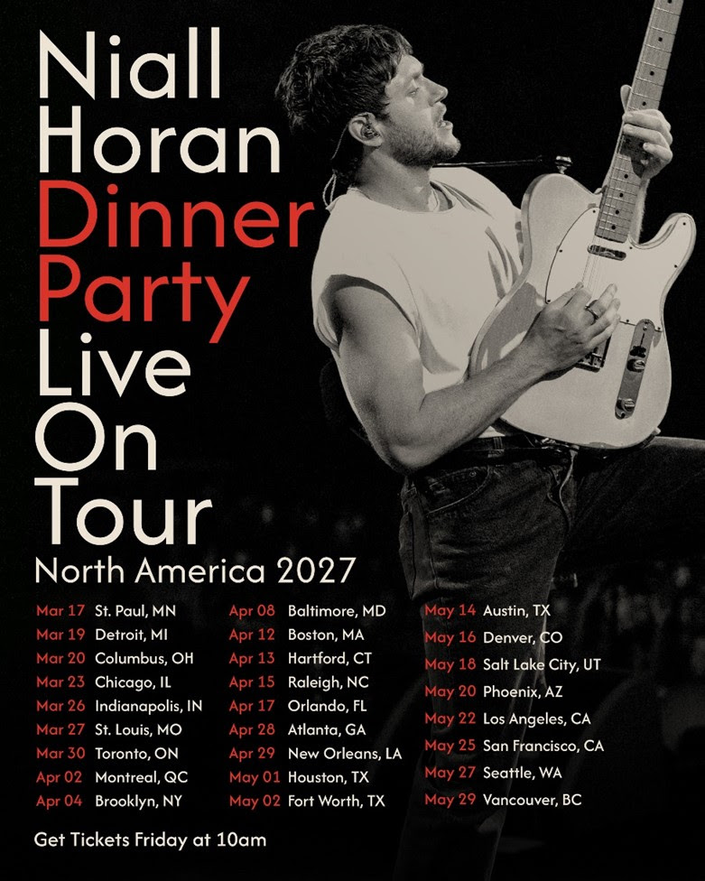 Niall Horan performing guitar live on stage in promotional poster for Dinner Party Live On Tour North America 2027