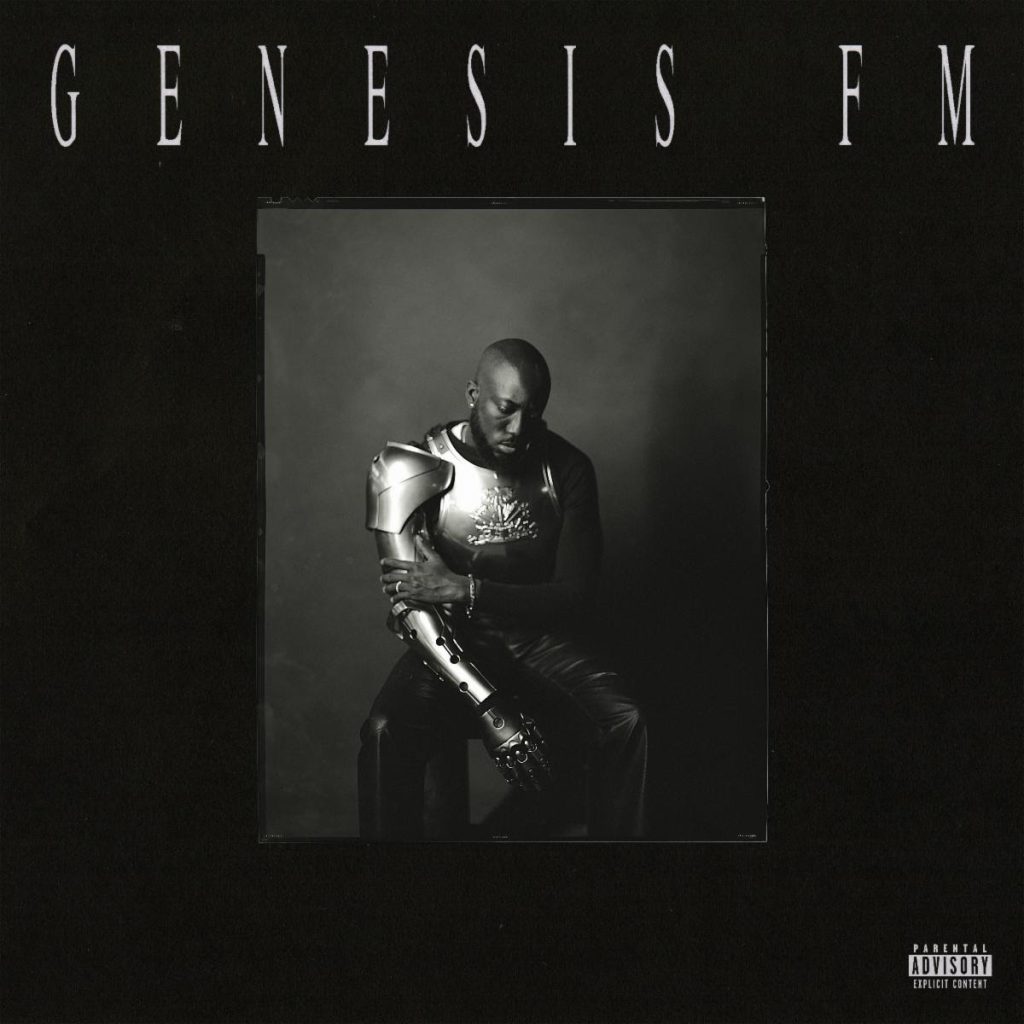 GENESIS FM album cover featuring BNYX® in futuristic armor against a dark monochrome background.