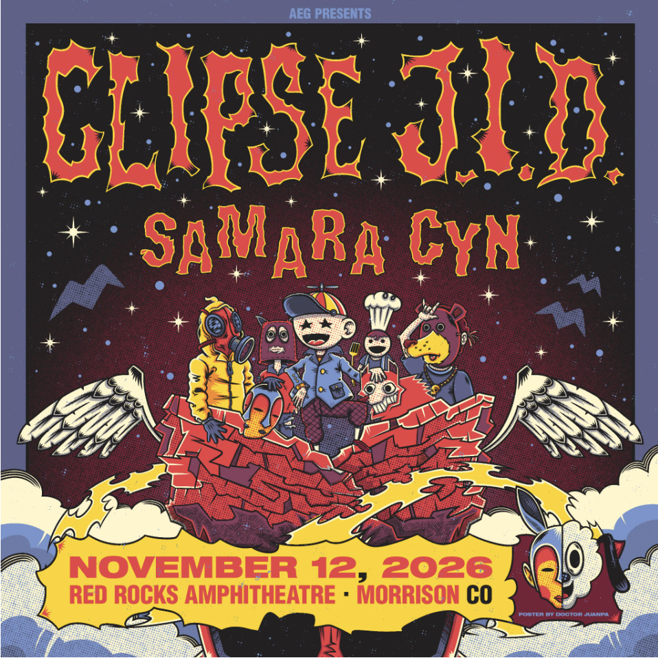 Colorful illustrated concert poster promoting Clipse, J.I.D and Samara Cyn at Red Rocks Amphitheatre on November 12, 2026.