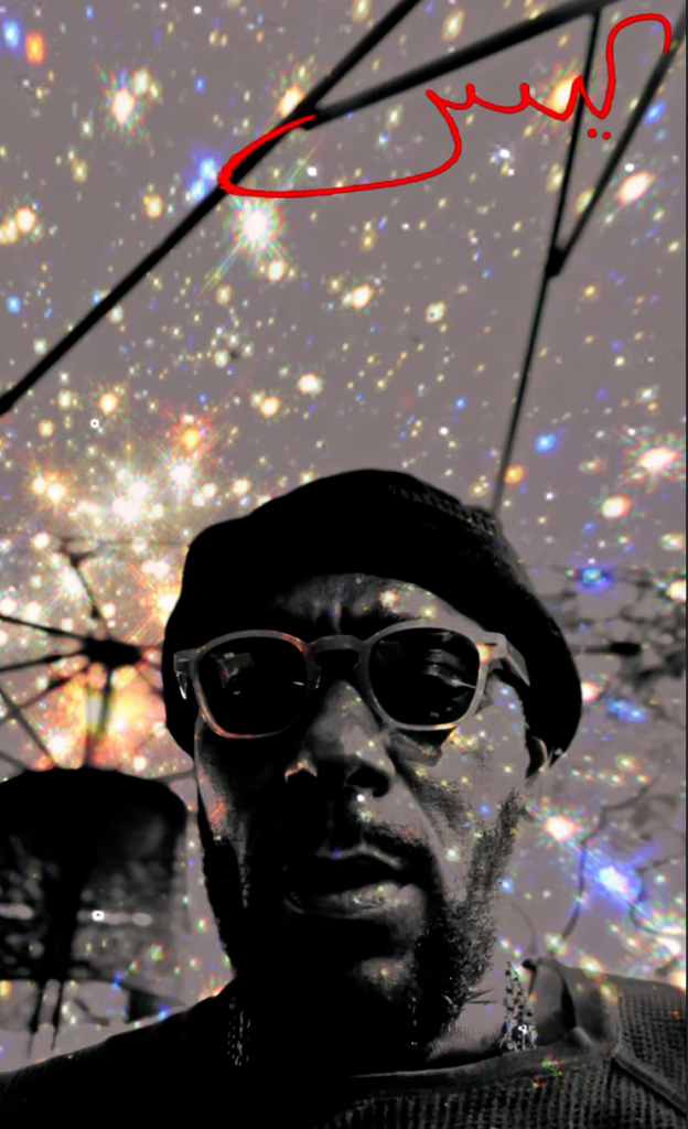 Yasiin Bey portrait with cosmic overlay promoting The Local Time Is Always Now Substack series