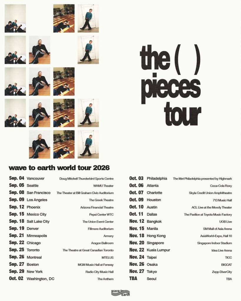 Wave to Earth 2026 world tour poster featuring North American and Asian tour dates, including San Francisco, Los Angeles, New York, Tokyo and Seoul.