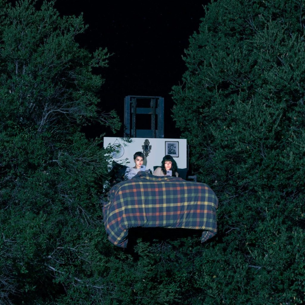 The Army The Navy sitting in a bed suspended among trees promoting Fake Brave Life album
