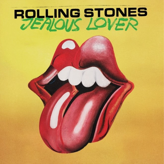 Artwork for The Rolling Stones' 2026 single "Jealous Lover" featuring the band's iconic red tongue logo against a bright yellow background.