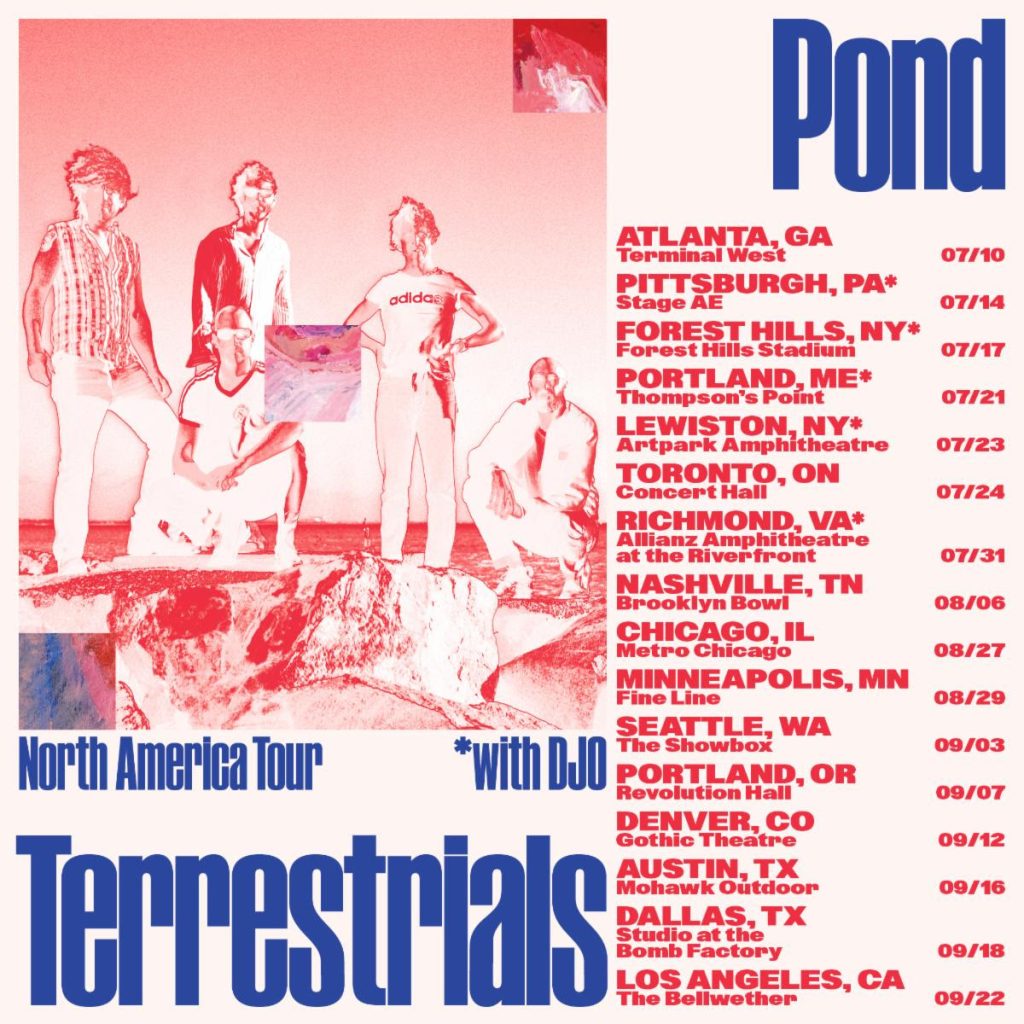 Pond North American tour poster promoting the album Terrestrials with 2025 US and Canadian tour dates including support shows with Djo.