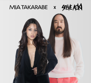 Mia Takarabe and Steve Aoki pose together in a promotional image for their single "Heartless"