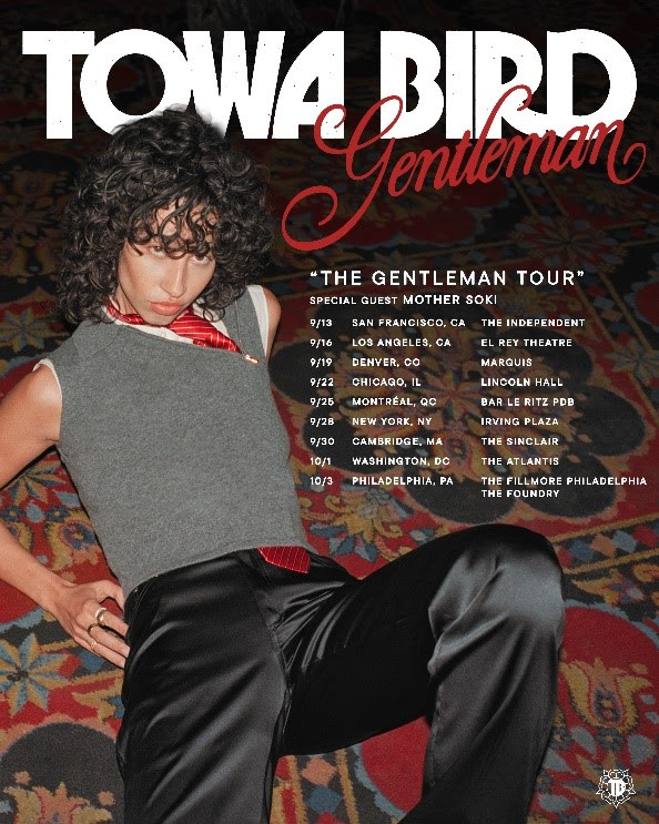 Towa Bird poses on a patterned rug in promotional artwork for The Gentleman Tour 2026