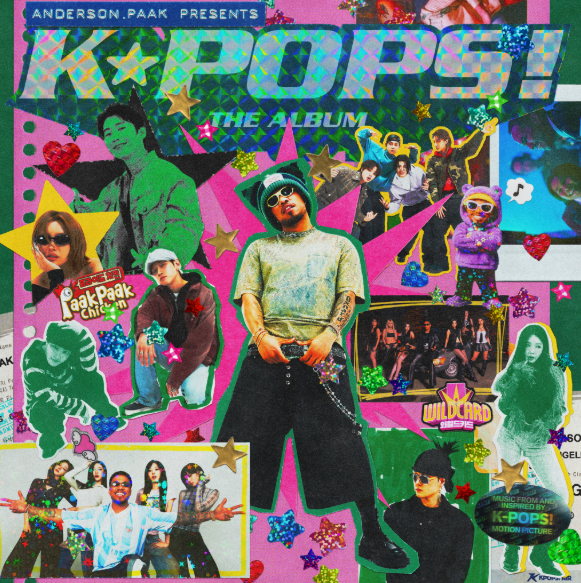 Colorful K-POPS! soundtrack album artwork featuring Anderson .Paak surrounded by K-pop artists, glitter graphics and collage-style imagery.