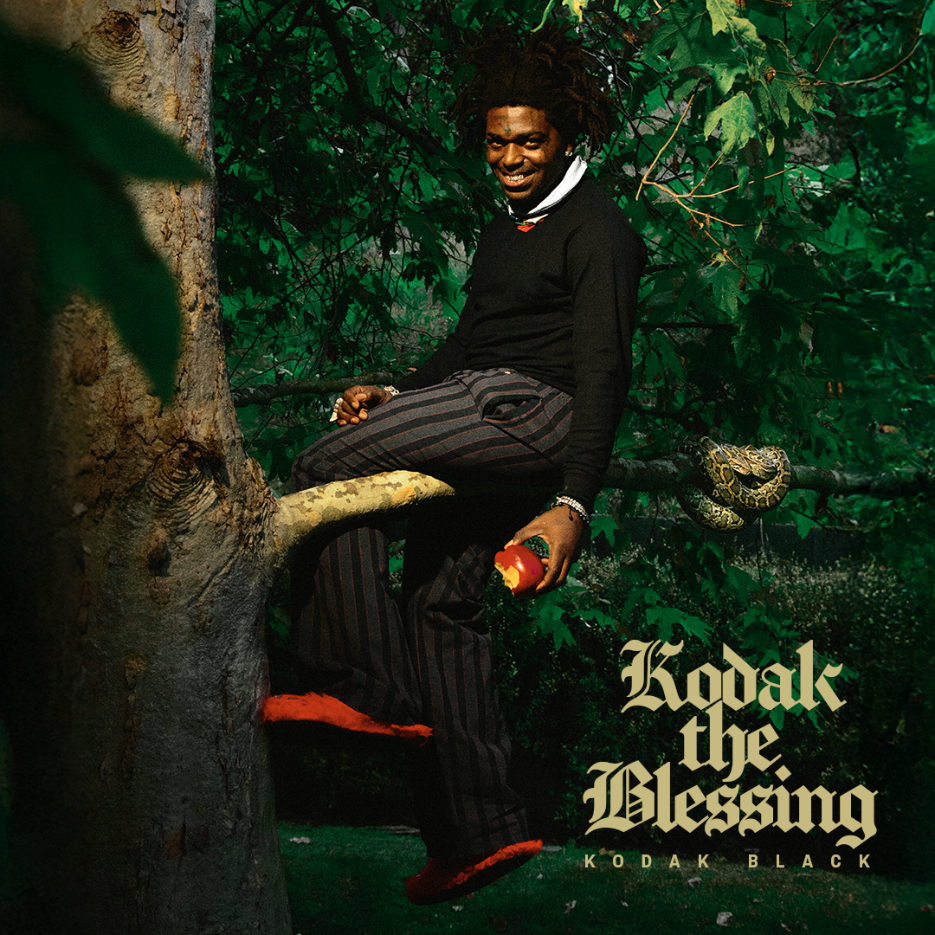 Cover art for Kodak Black's 2026 mixtape Kodak The Blessing, featuring the rapper seated in a tree surrounded by dense greenery.