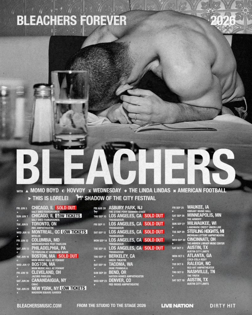 Bleachers Forever Tour 2026 poster featuring Jack Antonoff and North American concert dates