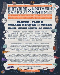 Dirtybird Campout x Northern Nights 2026 lineup poster featuring CloZee, Tape B, Walker & Royce B2B VNSSA, Hamdi, Justin Martin, LP Giobbi, and more.