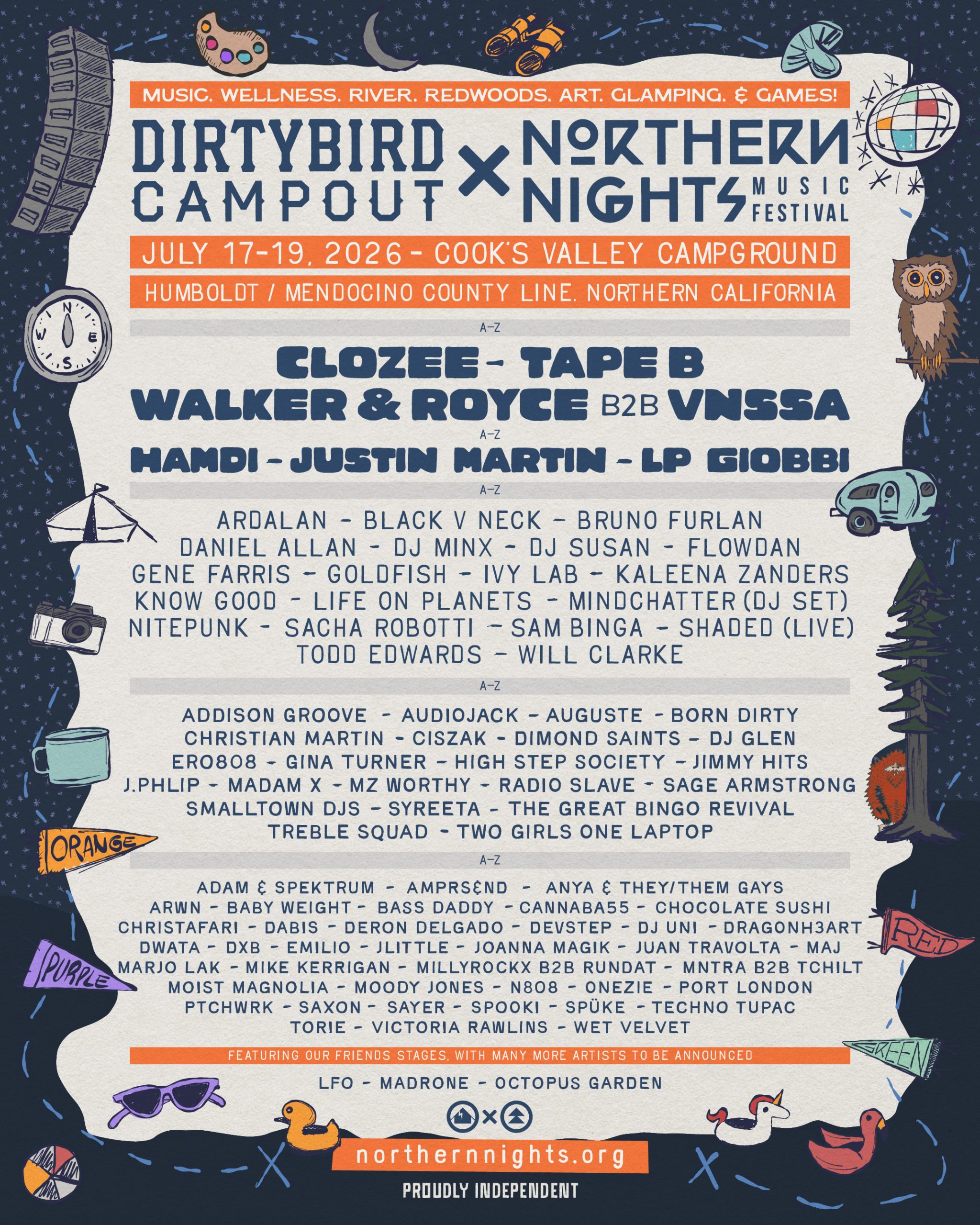 Dirtybird Campout x Northern Nights 2026 lineup poster featuring CloZee, Tape B, Walker & Royce B2B VNSSA, Hamdi, Justin Martin, LP Giobbi, and more.