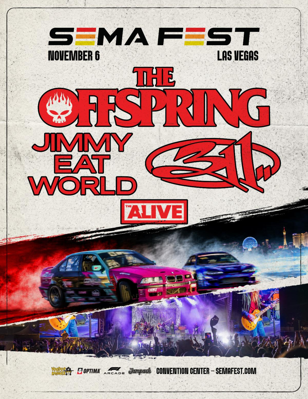 Official SEMA Fest 2026 lineup poster featuring The Offspring, Jimmy Eat World, 311, and The Alive performing in Las Vegas.