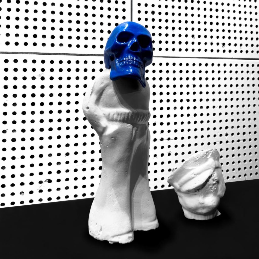 Blue skull sculpture featured in the visual artwork for Jack White's Frozen Charlotte album campaign.