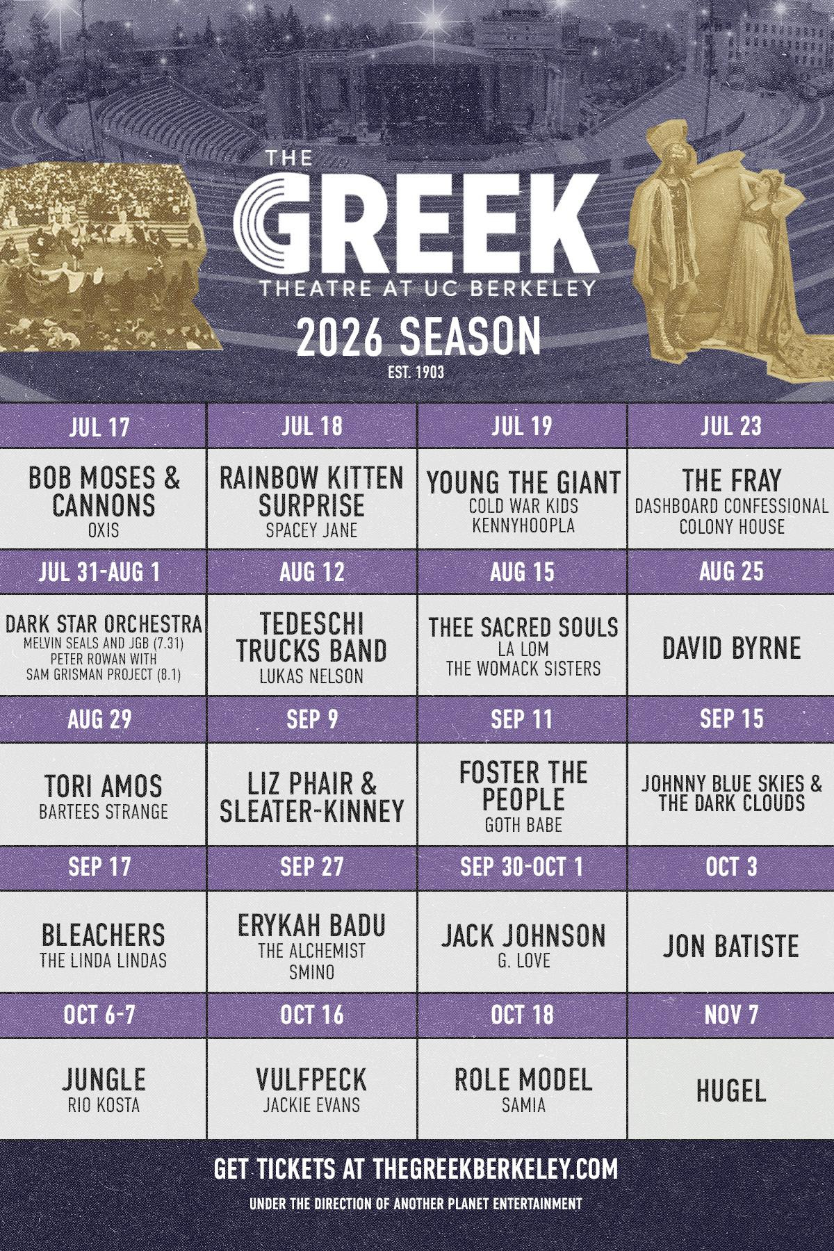 Greek Theatre at UC Berkeley 2026 summer concert lineup poster