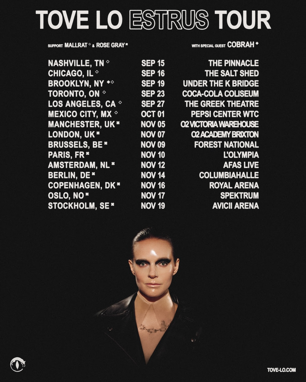 Tove Lo ESTRUS Tour 2026 poster featuring North American and European tour dates