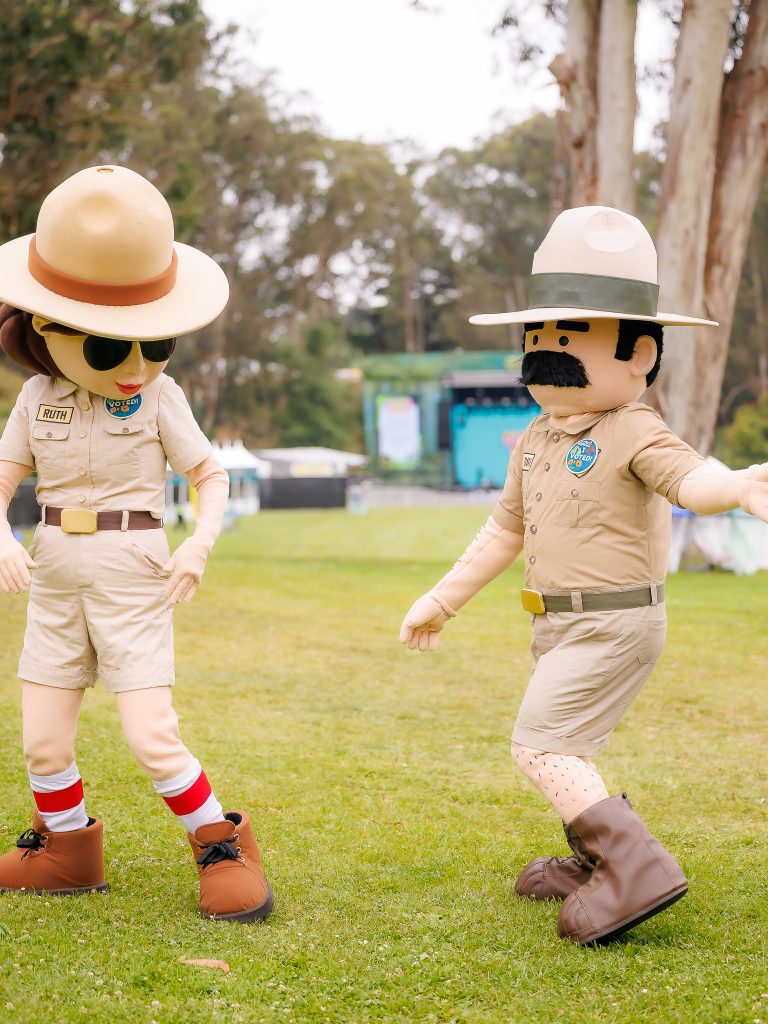 Outside Lands ranger mascots Ruth and Phil in Golden Gate Park during Outside Lands 2026
