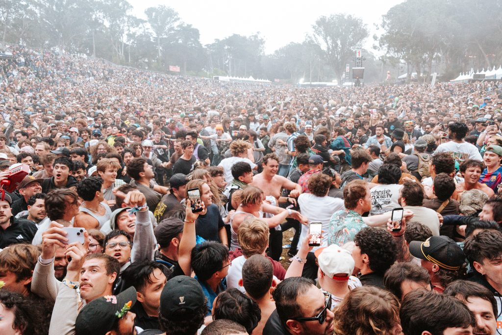 Massive crowd packed together during Outside Lands 2026 in Golden Gate Park