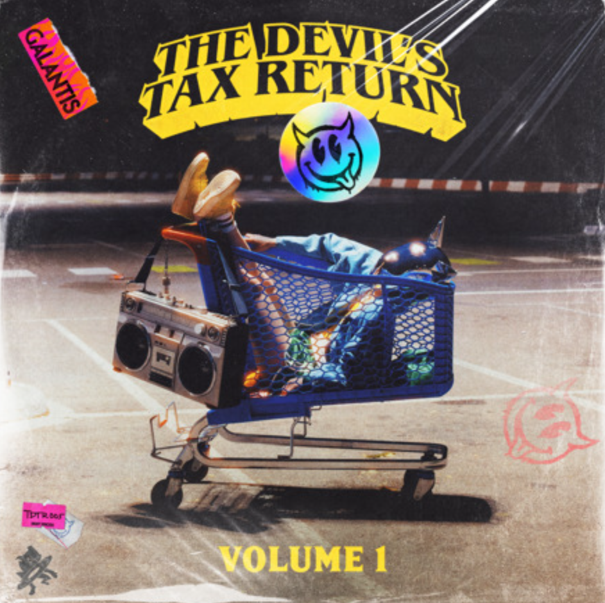 Cover art for Galantis' EP The Devil's Tax Return: Volume 1, featuring a shopping cart with a masked figure and retro-inspired artwork.