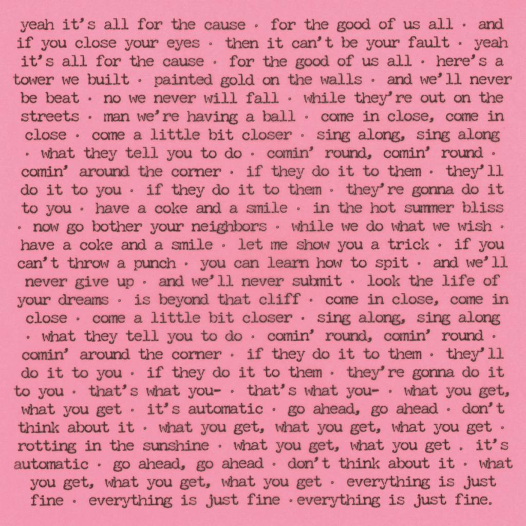 Pink lyric artwork for Olivia Rodrigo’s 2026 song “serena joy,” featuring typewritten black text.