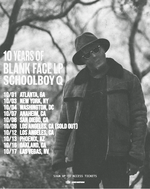 ScHoolboy Q announces the 10 Years of Blank Face LP Tour celebrating the 10th anniversary of his acclaimed 2016 album with North American dates in 2026.