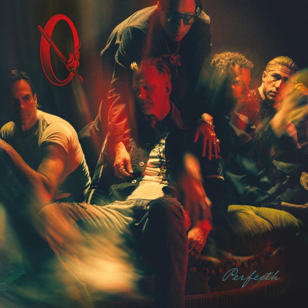 Album artwork for Queens of the Stone Age’s Perfecth, featuring the band seated together in a blurred red and green composition.