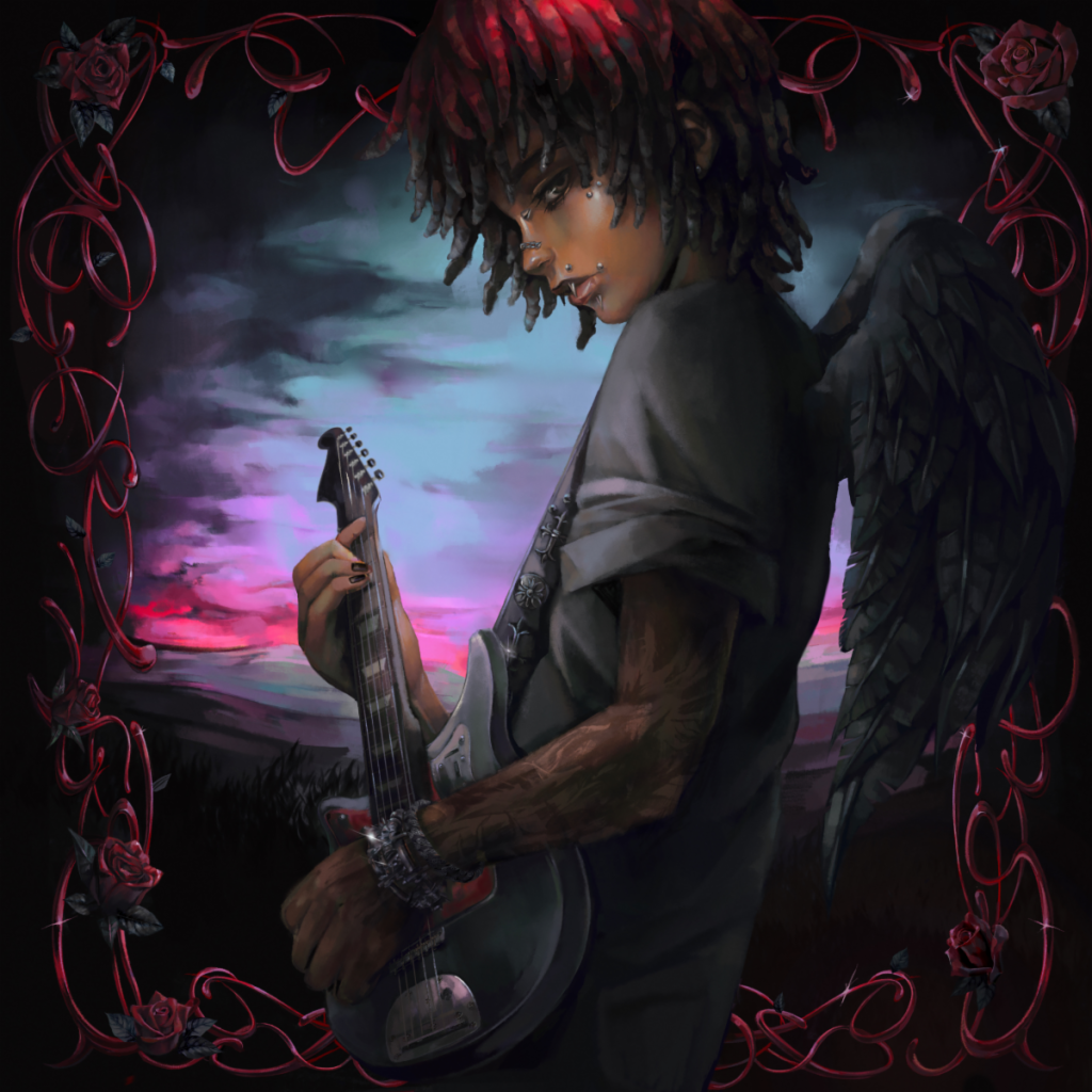 Novulent VOL. 3 (Deluxe) artwork featuring an illustrated guitarist with black wings framed by red roses