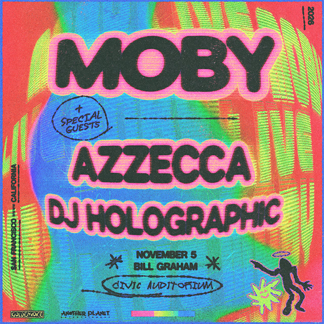 Moby San Francisco 2026 concert poster for Bill Graham Civic Auditorium with Azzecca and DJ Holographic