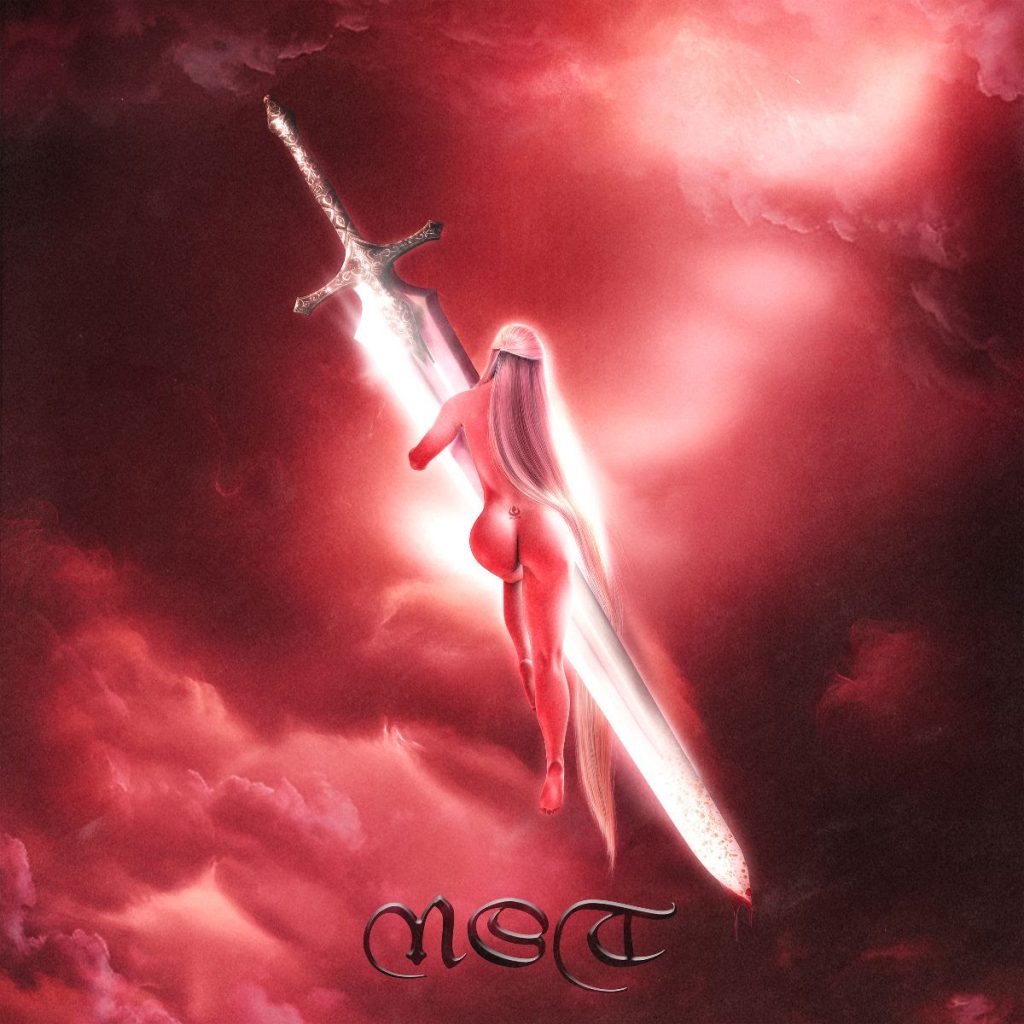 Album artwork for Villano Antillano’s Ante el Umbral del Peligro No Siento Temor featuring a figure suspended alongside a glowing sword against a red sky.