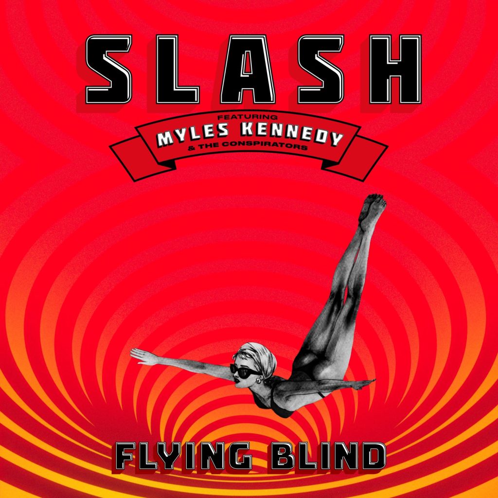 Red and orange spiral cover artwork for Slash ft. Myles Kennedy and the Conspirators' album Flying Blind, featuring a black-and-white illustration of a woman diving through the air.