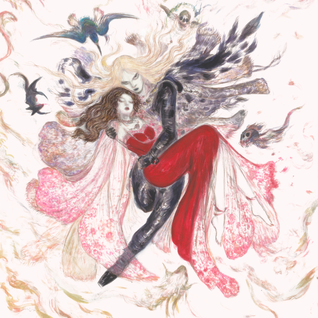 2hollis Pirouette album artwork by Yoshitaka Amano featuring two fantasy figures in flowing black and pink clothing surrounded by birds and ethereal illustrations