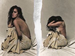 Jesse Jo Stark pictured in two intimate portraits separated by a torn-paper effect, wearing a draped beige dress against a neutral backdrop.