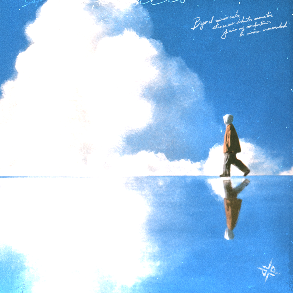 Paulo Londra entre CIELOS album artwork featuring a solitary figure walking beneath enormous white clouds against a vivid blue sky, reflected in a mirrorlike surface.